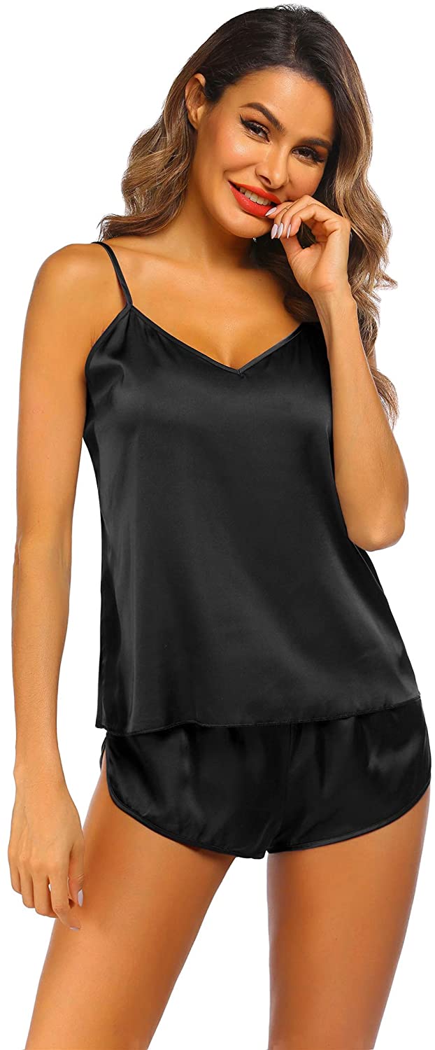 Price:$20.99 Sleepwear for Womens V-Neck Pajama Set Cami Lingerie Satin Pjs Camisole 2 Piece Nightwear at Amazon Women’s Clothing store