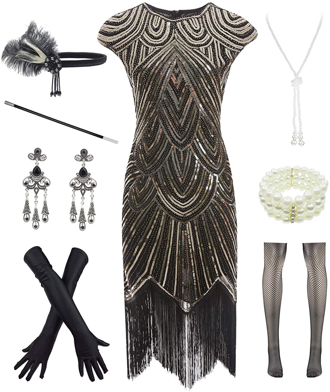 Price:$53.90 1920s Vintage Flapper Fringe Beaded Gatsby Party Dress with 20s Accessories Set at Amazon Women’s Clothing store