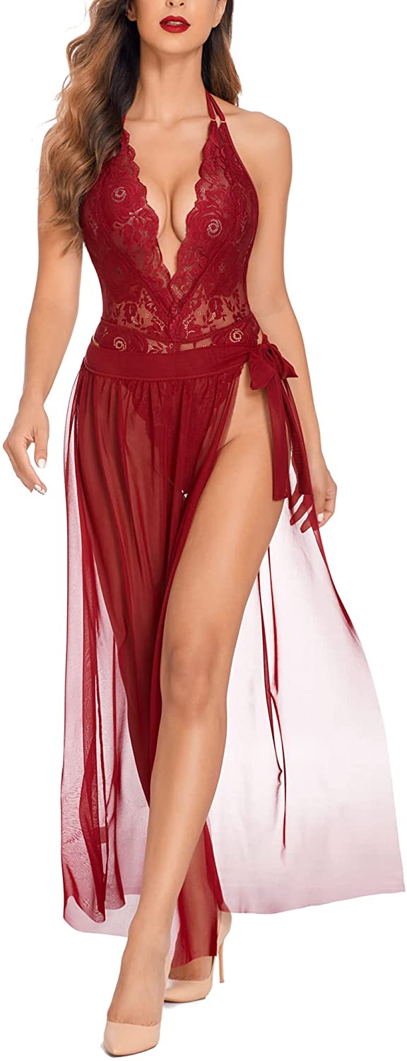 Price:$18.79 Lingerie for Women Sexy Nightgowns Deep V Lace Bodysuit Mosaic Lace Teddy Mesh Skirt at Amazon Women’s Clothing store