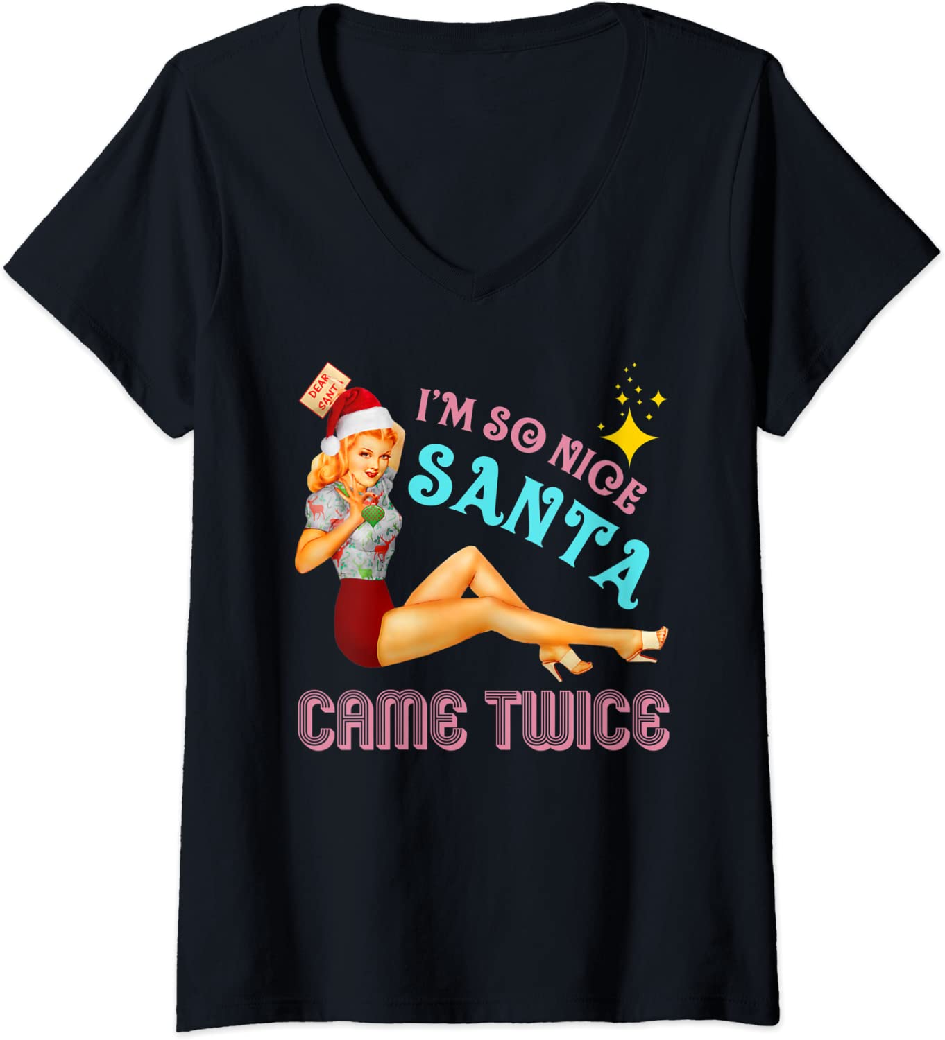 Price:$19.99 I'm-So-Nice-Santa-Came-Twice Naughty Dirty Joke Meme Retro V-Neck T-Shirt : Clothing, Shoes & Jewelry