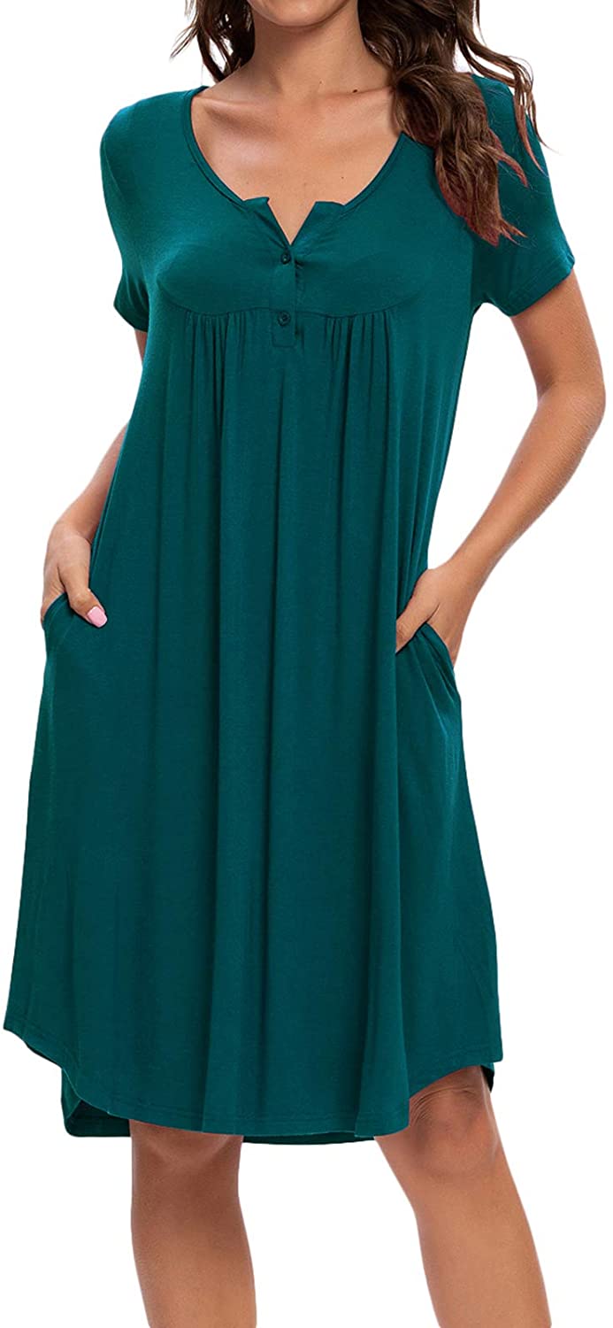 Price:$12.99 Women's Nightshirt Short Sleeve Henley V-Neck Nightgown Sleepwear Button Up Pajama Dress Pleated Sleep Shirt at Amazon Women’s Clothing store