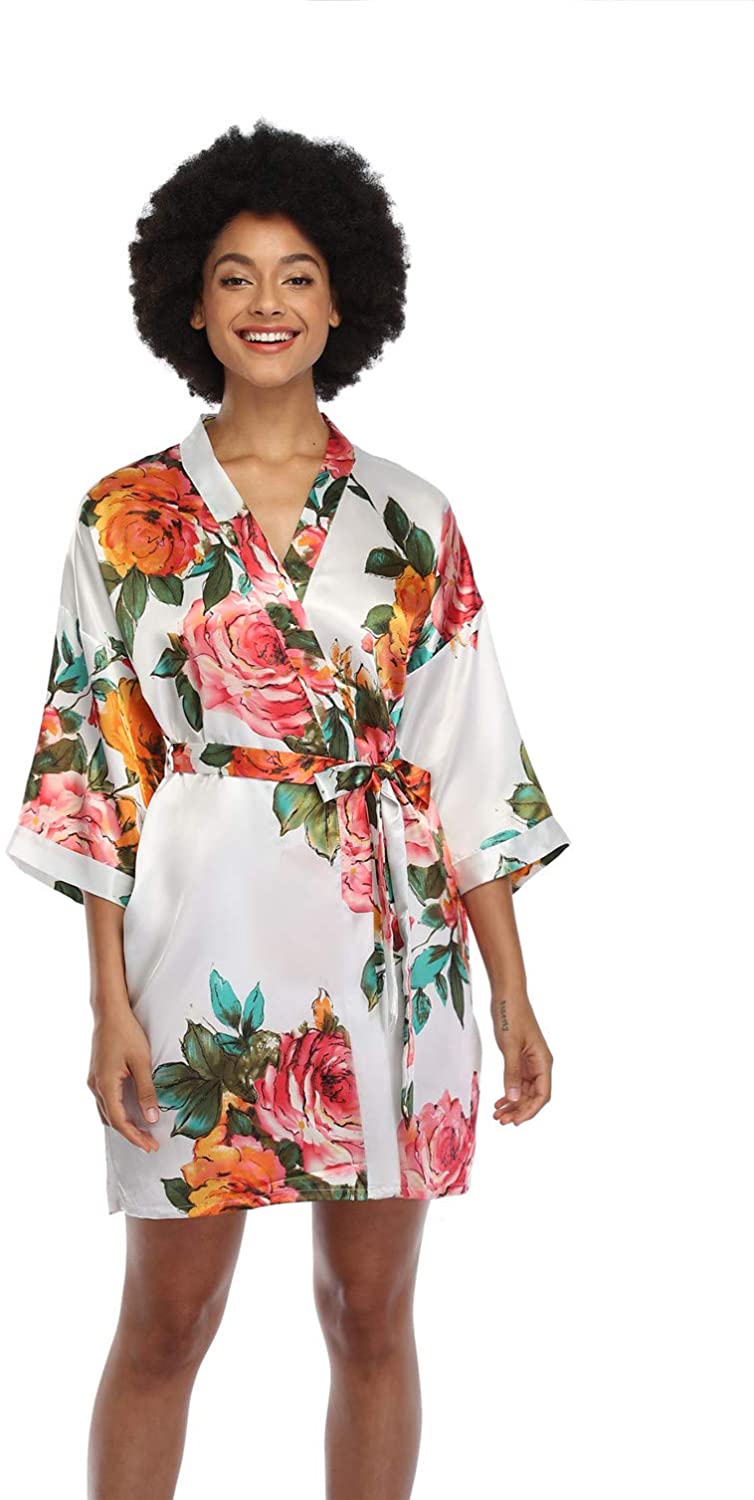 Price:$7.99 Floral Satin Kimono Robes Short Silky Bridesmaid Robes Sleepwear at Amazon Women’s Clothing store