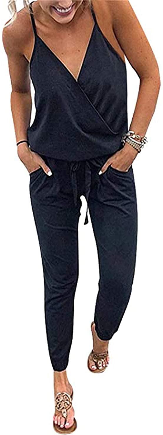 Price:$15.99 Women's Summer Deep V Neck Spaghetti Strap Drawstring Waist Jumpsuit Romper with Pockets : Clothing, Shoes & Jewelry