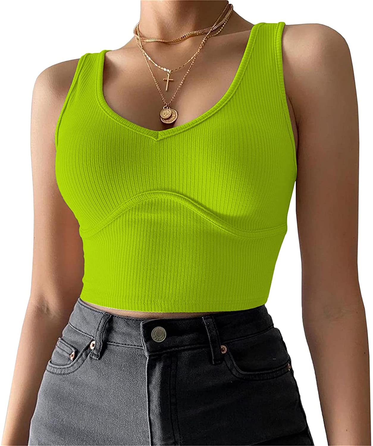 Price:$15.99 Women's Deep V Neck Basic Crop Tank Tops Sleeveless Ribbed Fitted Gym Sport Top at Amazon Women’s Clothing store