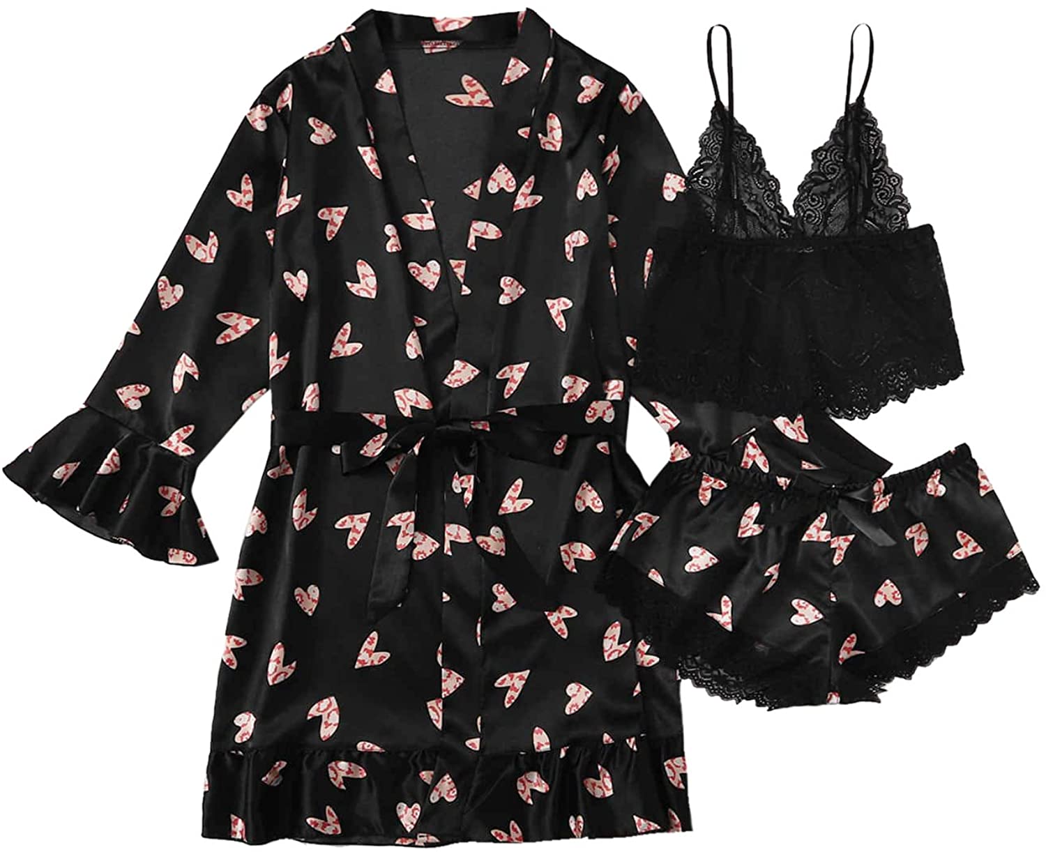 Price:$19.99 Women's Lace 3 Piece Satin Robe and Pajama Set with Robe Camisole Sleep Shorts: Clothing, Shoes & Jewelry