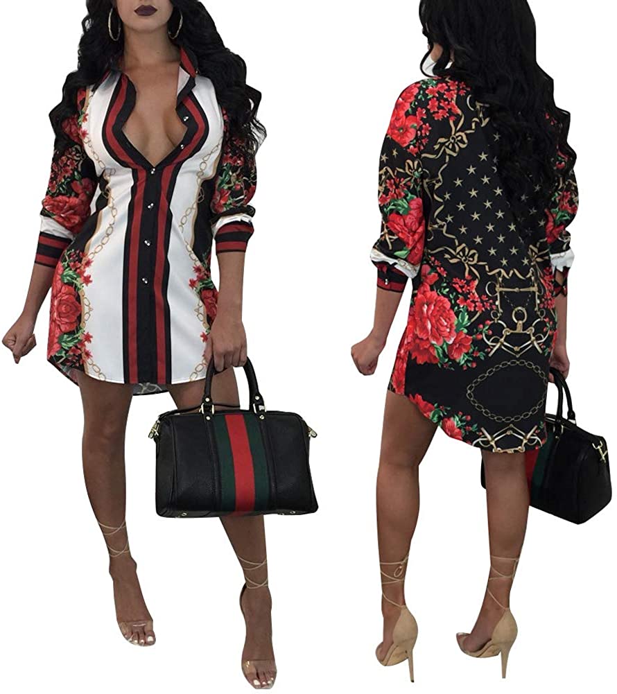Price:$26.99 Floral Print T-Shirt Dress - Button Down Long Sleeve Collar Loose Blouse Tops Mini Dress at Amazon Women’s Clothing store