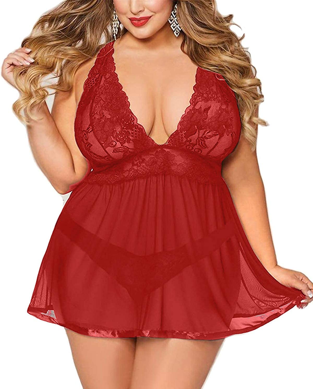 Price:$9.99 Lingerie Plus Size Babydoll Set for Women V Neck Lace Chemise at Amazon Women’s Clothing store