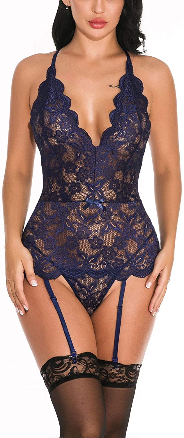 Price:$12.79 Sexy Lingerie for Women Deep V Hollow Flower Lacec Mini Teddy Lingerie Set 2 Piece with Garter Belt(No Stockings) : Clothing, Shoes & Jewelry