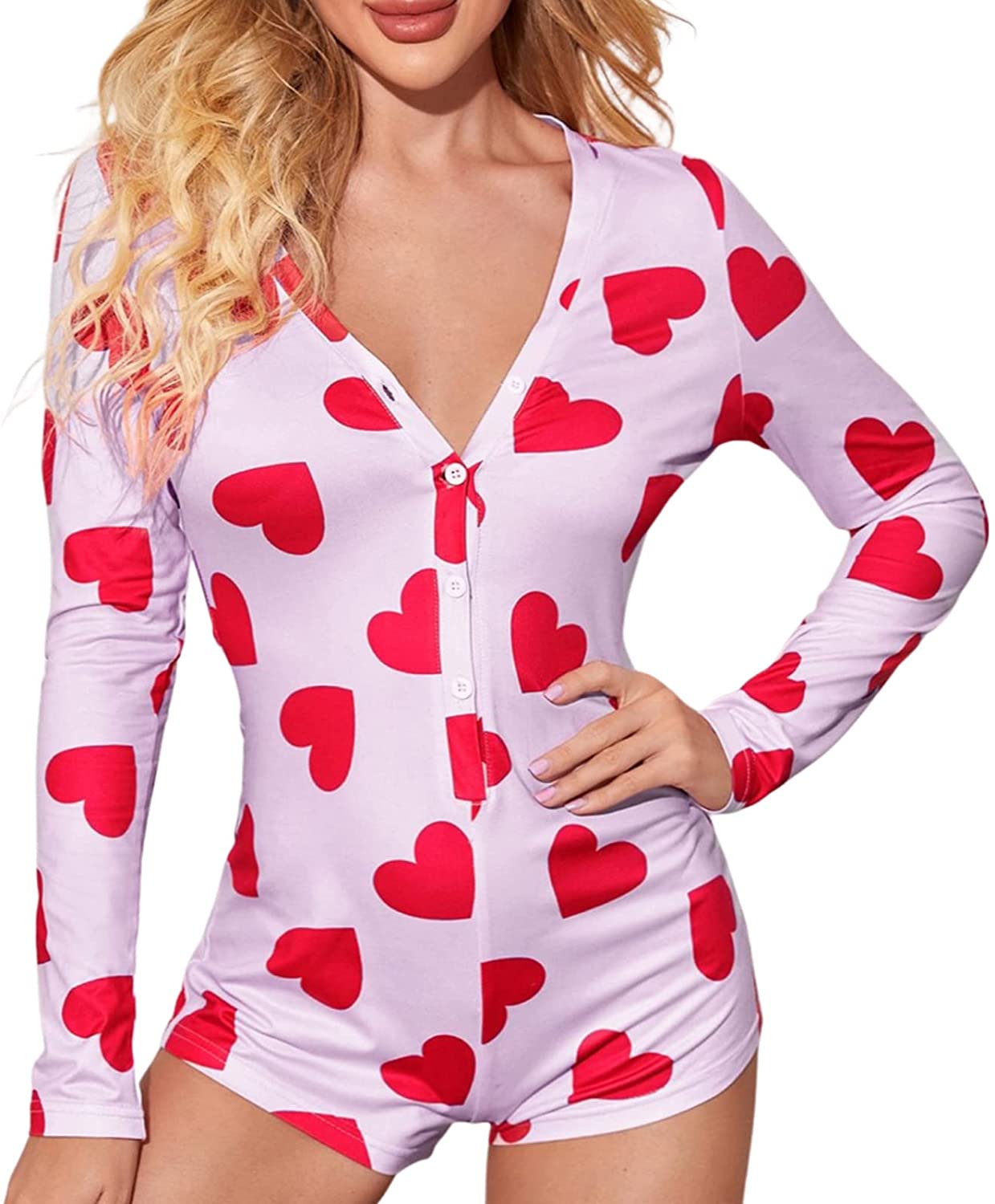 Price:$15.99 Women Valentines Day Bodysuit Pajamas Jumpsuits Rompers Sexy Long Sleeve V Neck Cute Heart Print Onesies Sleepwear : Clothing, Shoes & Jewelry