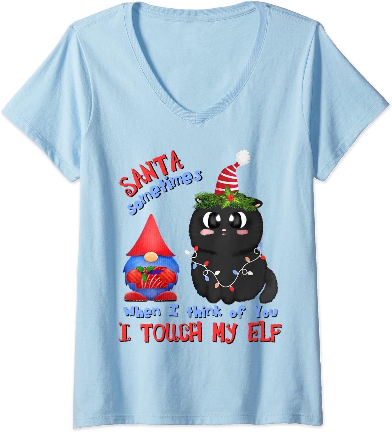 Price:$19.99 Naughty Black-Cat Lover Pun Meowy Catmas Santa Touch-My-Elf V-Neck T-Shirt : Clothing, Shoes & Jewelry