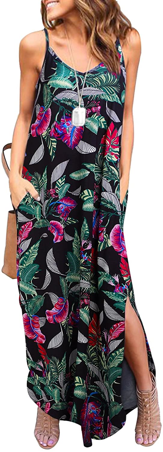 Price:$16.99 Women's Summer Casual Sleeveless V Neck Strappy Split Loose Dress Beach Cover Up Long Cami Maxi Dresses with Pocket at Amazon Women’s Clothing store