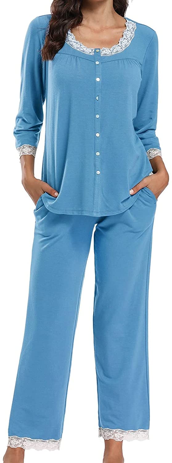 Price:$34.99 Pajama Set Soft Warm Loose Long Pjs Pants and Sleeve Sleepwear with Pockets Button Lace Set at Amazon Women’s Clothing store