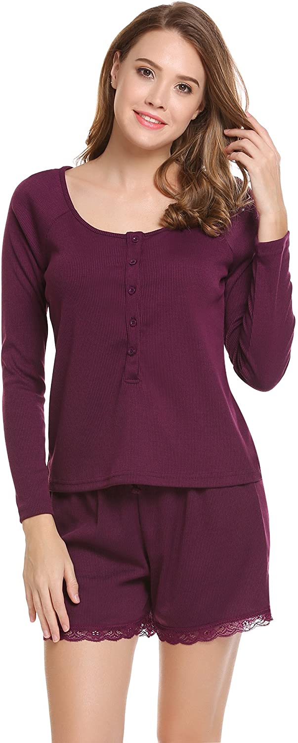 Price:$23.49 Womens Pajama Set Sleep Sets Long Sleeve Shirt and Shorts Sleepwear Pjs Sets Lace Nightwear Set Cherry Red at Amazon Women’s Clothing store