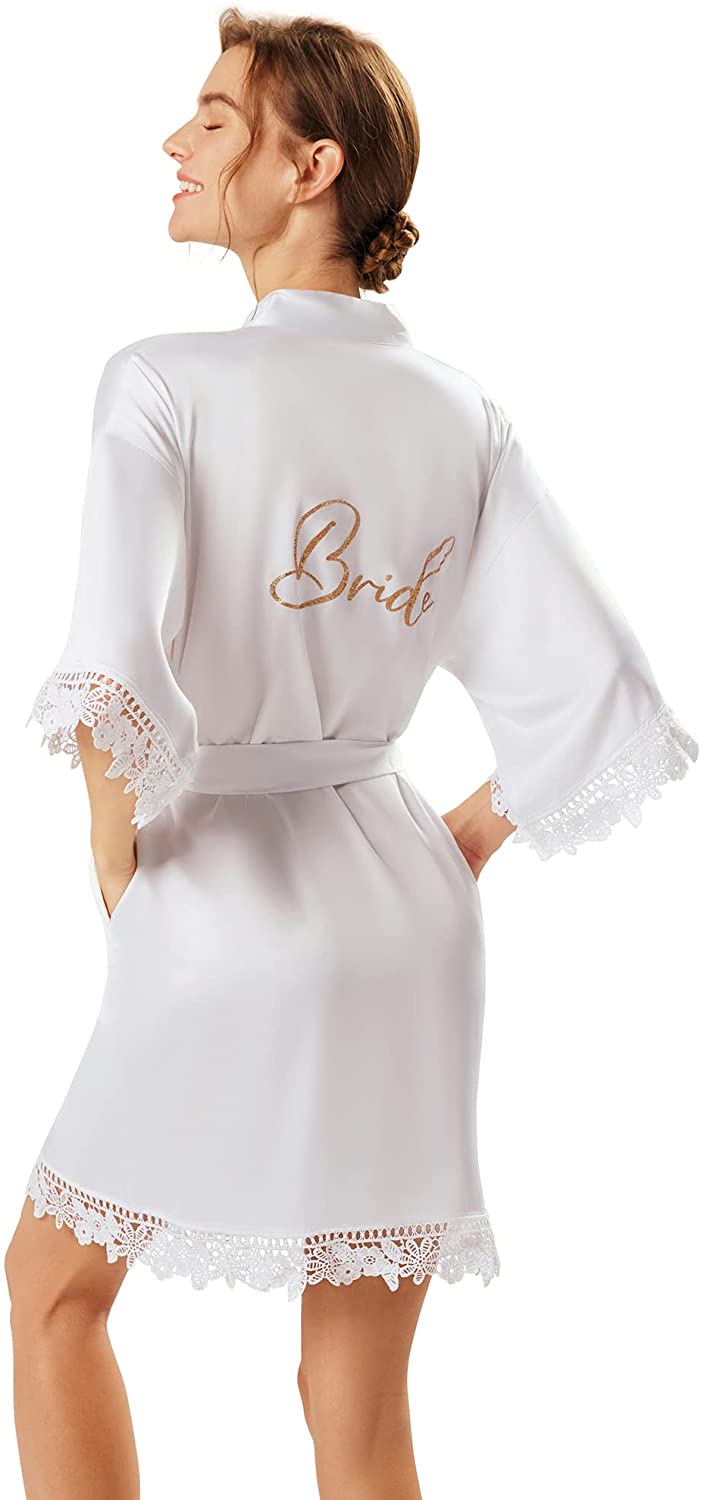 Price:$17.99 BRIDAL Floral Bride Robe Bridesmaid Robes Short Silk Robe Lace Kimono Robe Satin Bridal Party Robes for Women, S-XL at Amazon Women’s Clothing store