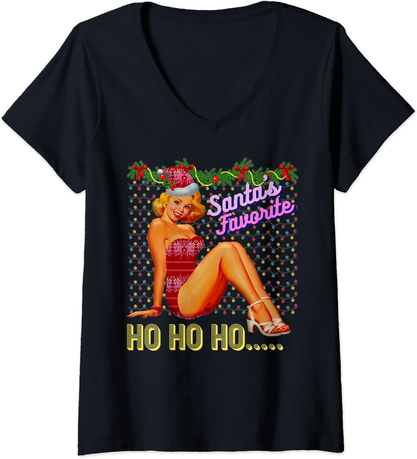 Price:$19.99 Santa's-Favorite-Ho Ho Ho Nice Naughty Dirty Joke Meme Retro V-Neck T-Shirt : Clothing, Shoes & Jewelry