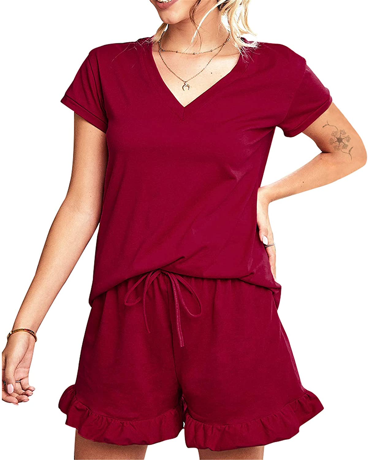 Price:$9.98 Women's V-Neck Short Sleeve Pajamas Sets Loose Sleepwear Solid Color/Tie-Dye PJ Sets Nightwear Shorts Lounge Sets at Amazon Women’s Clothing store