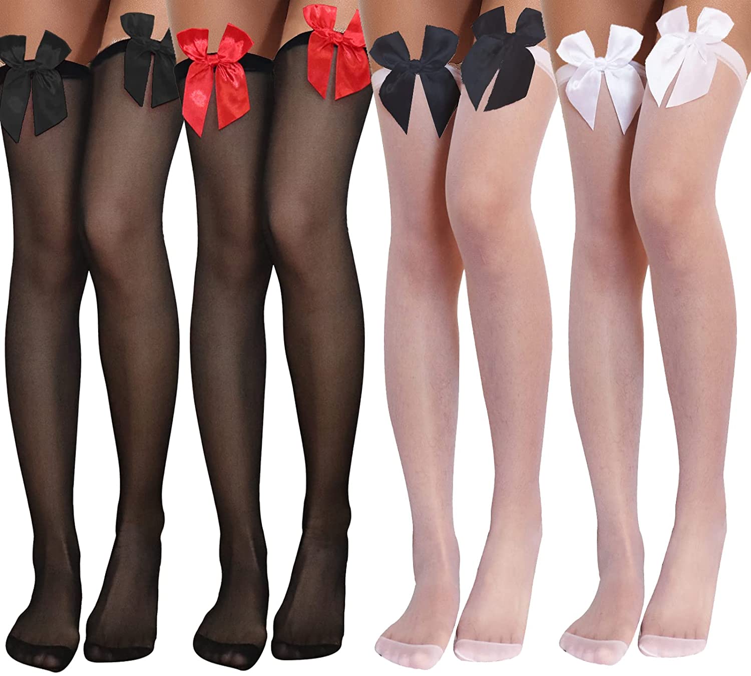 Price:$15.95 4 Pairs Women Silicone Lace Top Stockings Silky Thigh High Stocking Tights (Medium-Bow #1) at Amazon Women’s Clothing store