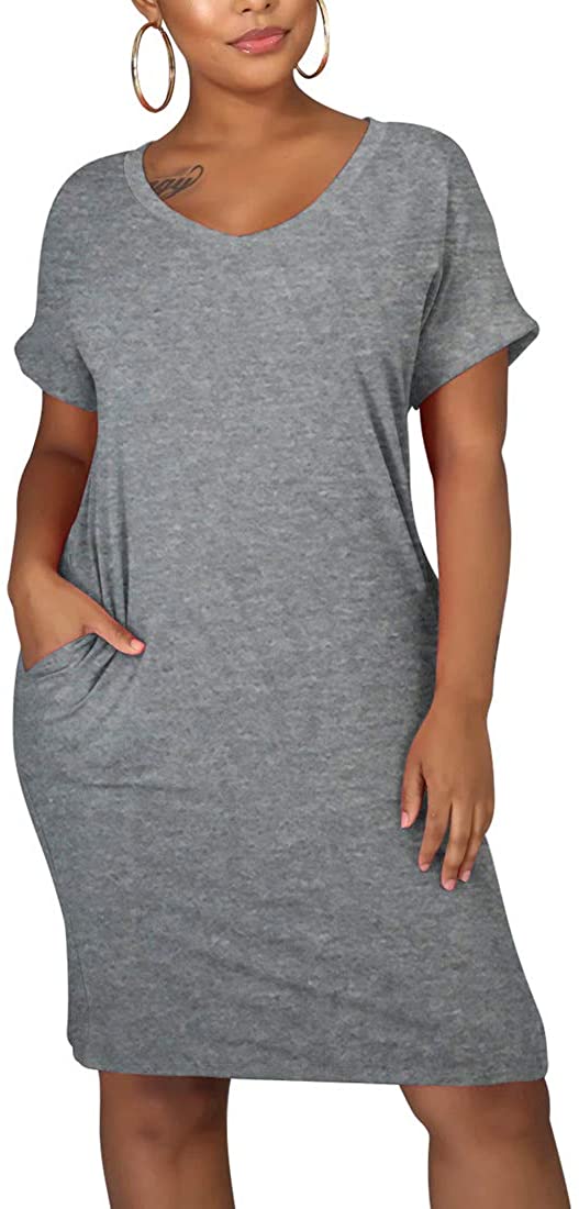Price:$18.99 Women's Summer V Neck Short Sleeve Midi Tshirt Dresses Casual Tunic Dress with Pockets at Amazon Women’s Clothing store