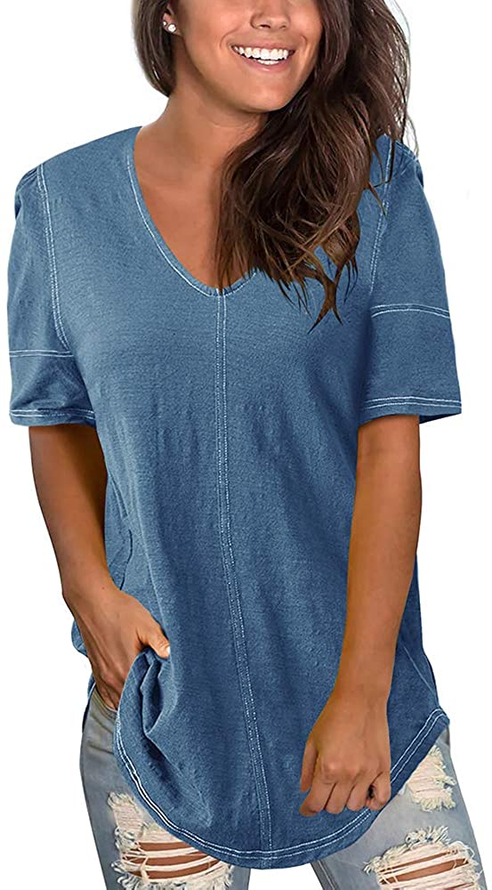 Price:$19.99 Women's Short Sleeve V Neck T Shirts Summer Casual Basic Tunic Tops at Amazon Women’s Clothing store
