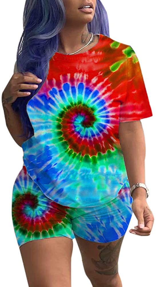 Price:$19.99 Womens Colorful Tie Dye T-Shirt Short Pants Set 2 Piece Tracksuit Outfit at Amazon Women’s Clothing store