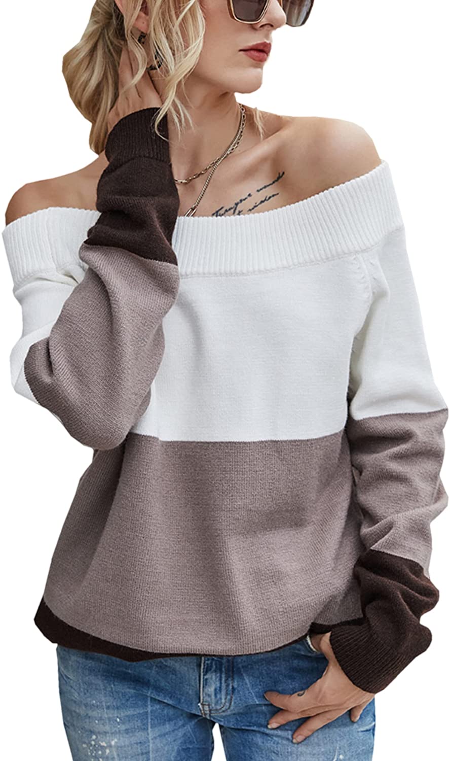 Price:$29.74 Women's Sweaters Dress Oversized Long Sleeve Sexy Off Shoulder Color Block Pullover Knit Sweater Tops at Amazon Women’s Clothing store