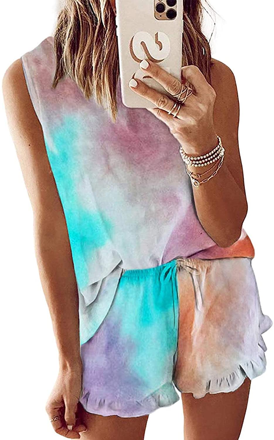 Price:$13.49 Womens Tie Dye Printed Ruffle Short Pajamas Set Sleeveless Tops and Shorts PJ Set Loungewear Nightwear Sleepwear at Amazon Women’s Clothing store