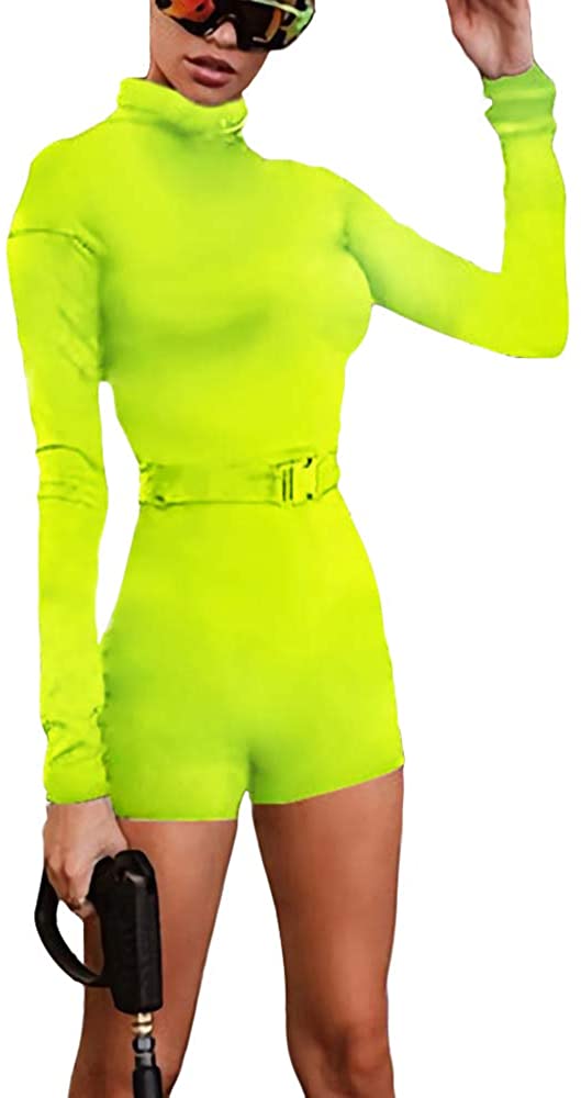 Price:$19.88 Women's Sexy Round Neck Zipper Neon Long Sleeve Jumpsuit Shorts : Clothing, Shoes & Jewelry