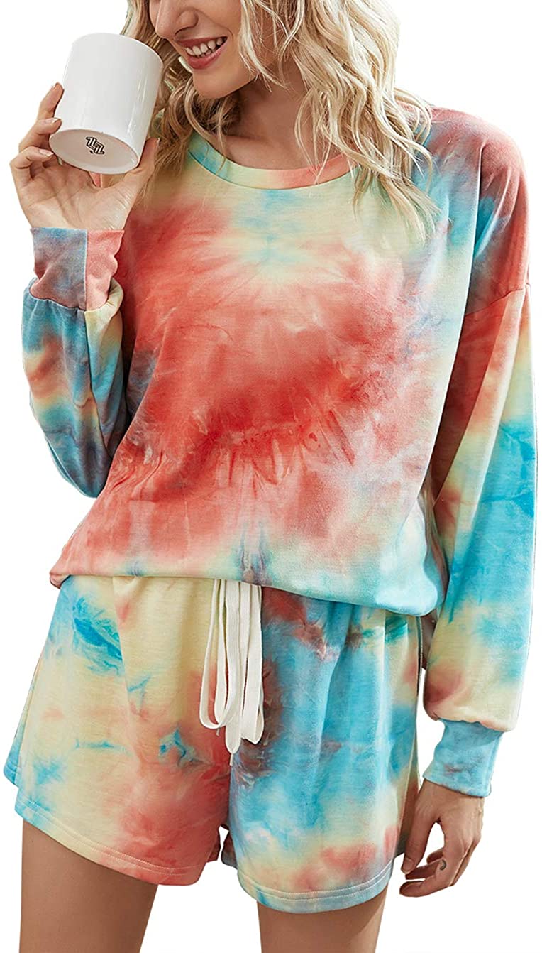 Price:$18.99 Women’s Tie Dye Printed Pajamas Set Long Sleeve Tops With Shorts Lounge Set Casual Two-Piece Sleepwear at Amazon Women’s Clothing store