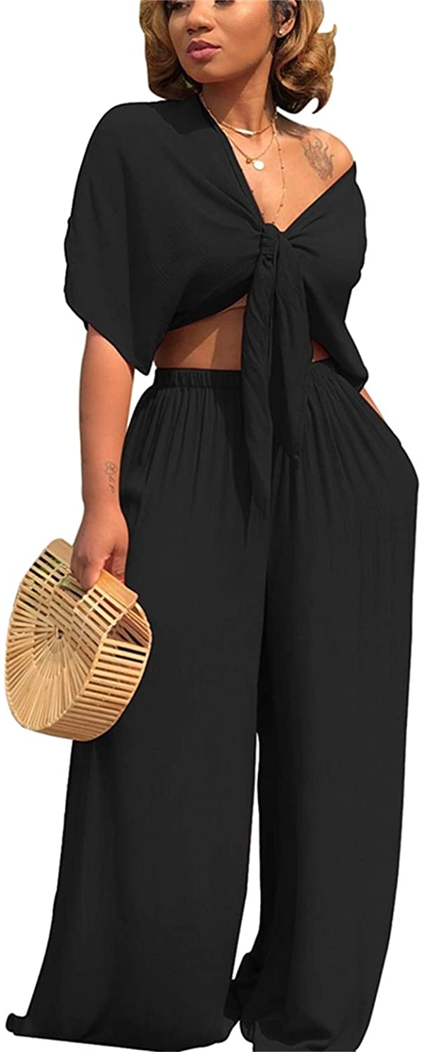 Price:$27.99 Sexy 2 Piece Outfits Round Neck Crop Top Wide Leg Long Pants Jumpsuits Set : Clothing, Shoes & Jewelry