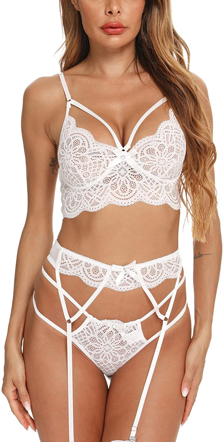 Price:$9.99 Lace Lingerie Set for Women 3 Piece Bralette Lingerie Bodysuit with Garter Belt(No Stockings) at Amazon Women’s Clothing store