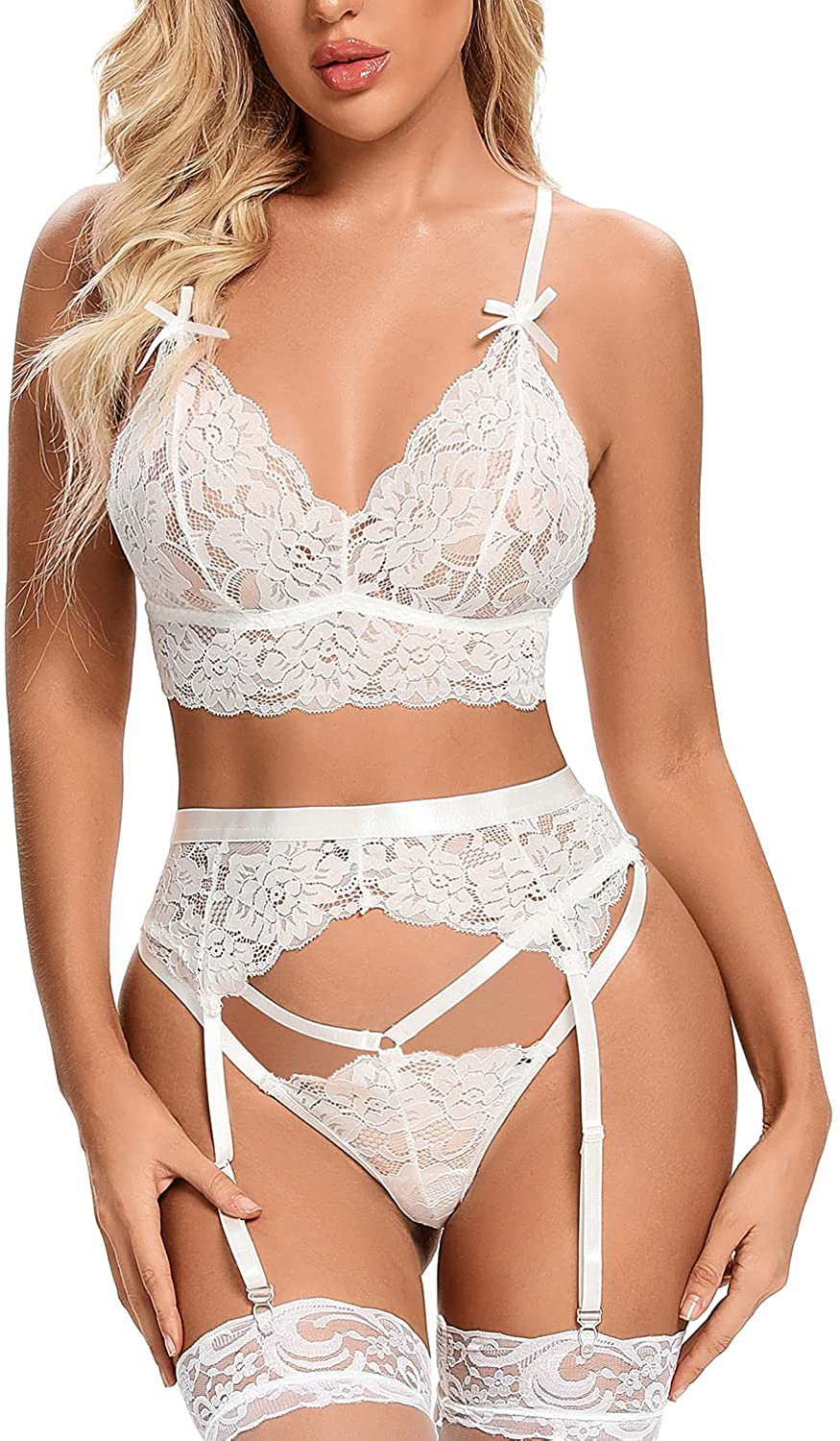 Price:$14.99 Garter Lingerie for Women Sexy 3 Piece Exotic Strappy Lingerie Set Lace Bra and Panty Sets: Clothing, Shoes & Jewelry