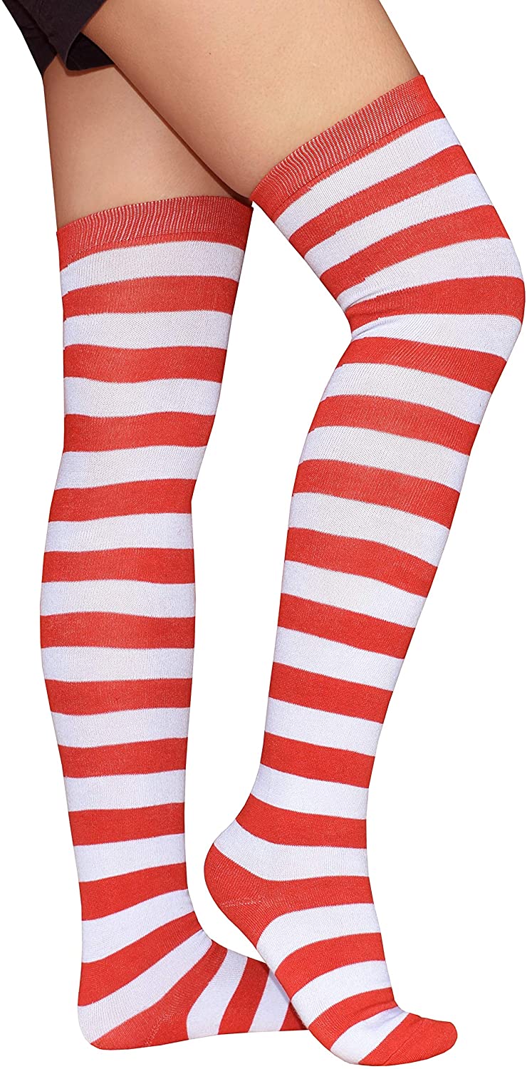 Price:$11.99 Women's Extra Long Opaque Striped Over Knee High Stockings Socks-Red/White Stripes : Clothing, Shoes & Jewelry