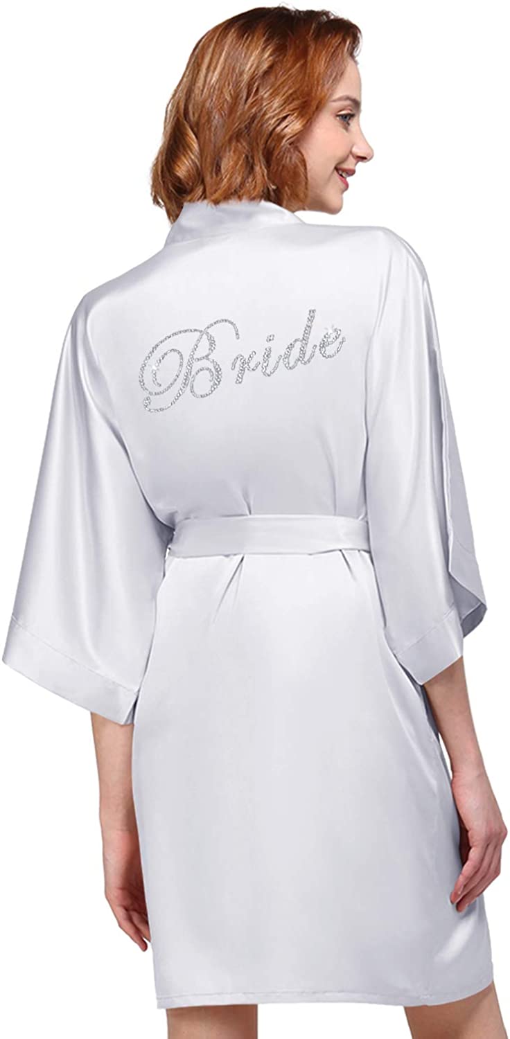 Price:$17.99 BRIDAL Bridesmaid Robes Bridal Party Robes Bride Robe for Wedding Day Wedding Lingerie Satin Robe with Rhinestone at Amazon Women’s Clothing store