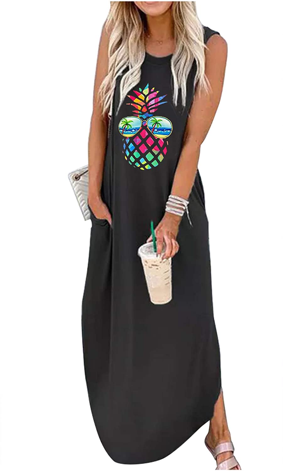 Price:$19.98 Colorful Pineapple Sunglasses Pocket Maxi Dress for Women Summer Casual Sleeveless T Shirt Dresses Beach Tank Dress : Clothing, Shoes & Jewelry