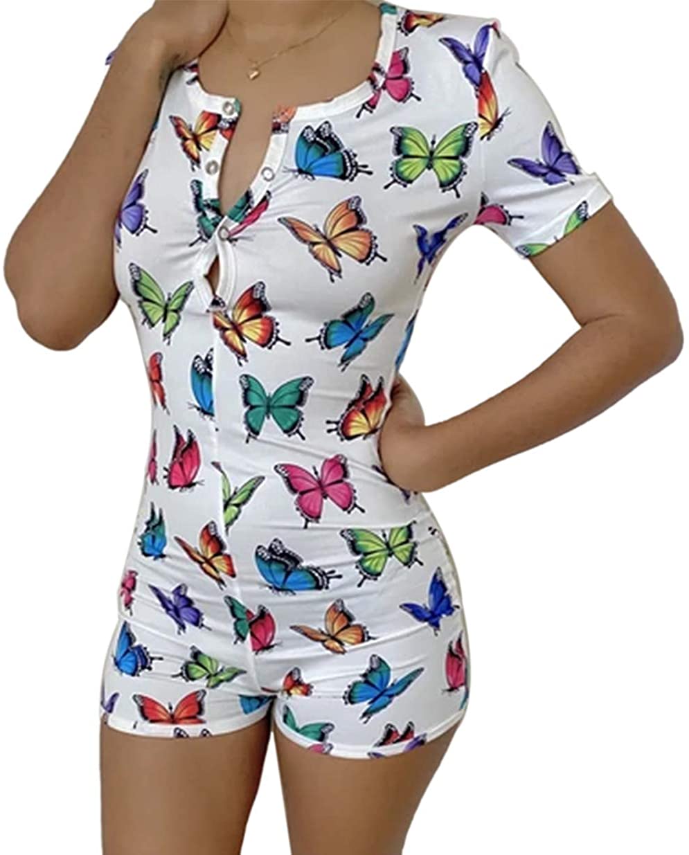 Price:$10.99 V Neck Shorts Romper One Piece Floral Bodycon Jumpsuit Short Sleeve Bodysuit Pajama Overall Summer Clothes Home Wear : Clothing, Shoes & Jewelry