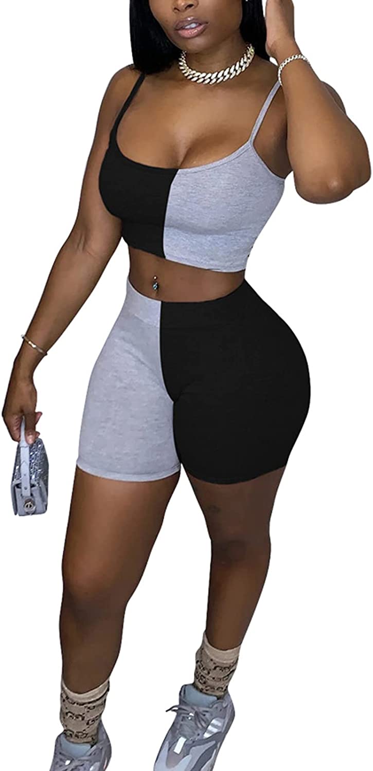 Price:$23.99 2 Piece Outfits Jogger Sets - Sexy Crop Tank Top + Skinny Biker Shorts Tracksuit Workout Set at Amazon Women’s Clothing store