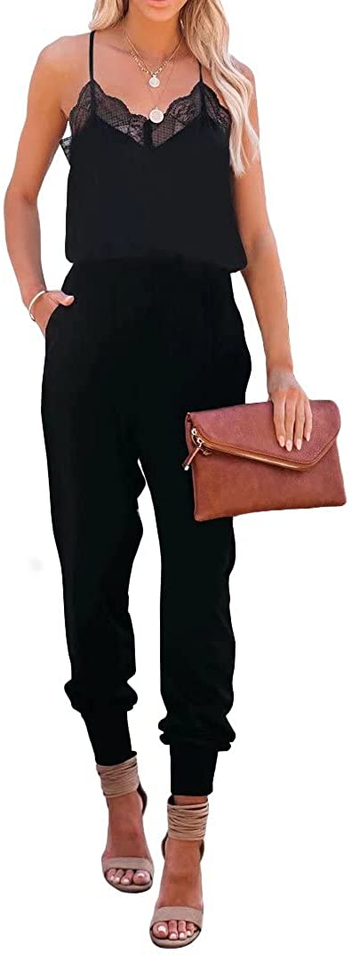 Price:$33.99 V-Neck Lace Black Jumpsuits for Women Sleeveless Tracksuit Rompers One Piece Summer Outfit Onesie Jumpsuits Black X-Large : Clothing, Shoes & Jewelry
