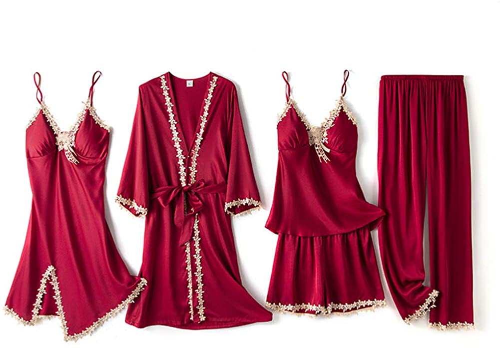 Price:$20.99 Women's Silk Satin Pajama Sets 5 Pcs Sexy Lace V-neck Nightwear Sets Long-sleeve floral Loungewear Robe With Chest Pads at Amazon Women’s Clothing store