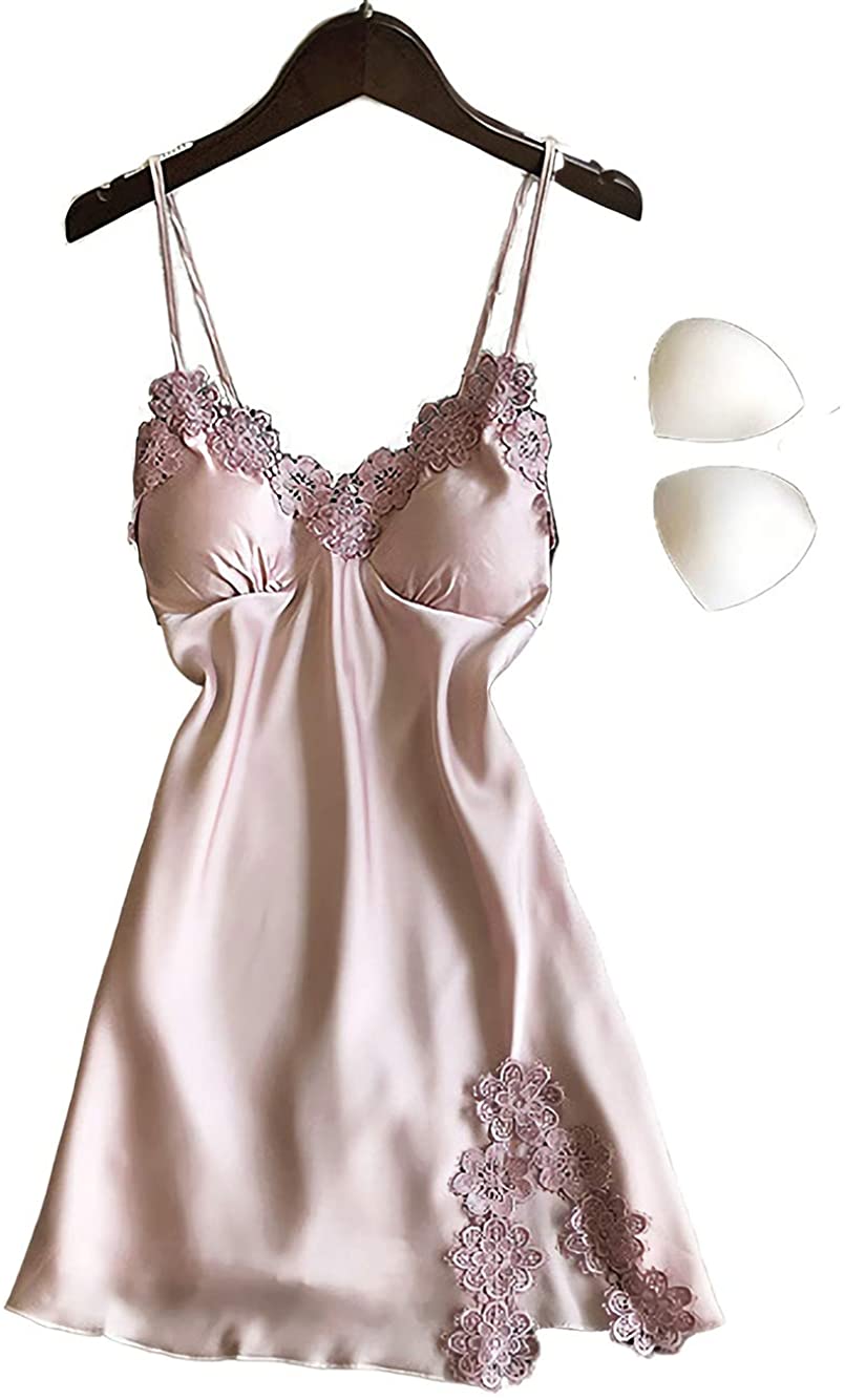 Price:$17.99 Women's Sleepwear Satin Sexy Lingerie Nightdress Lace V-Neck Nightgown Silk Slips Loungewear with Chest Pads Pink : Clothing, Shoes & Jewelry