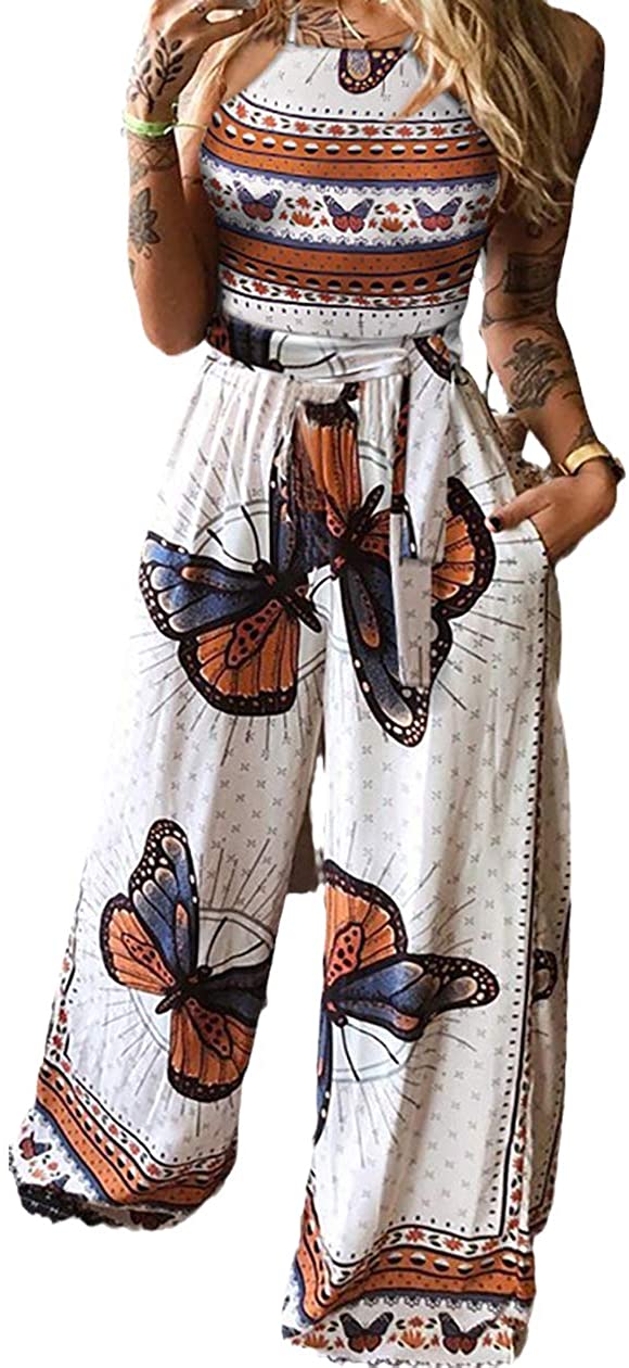 Price:$15.99 Butterfly Print Pants Sets 2Pcs Bodycon Halter Crop Top Wide Leg Pants Outfits Women Summer Clothes : Clothing, Shoes & Jewelry