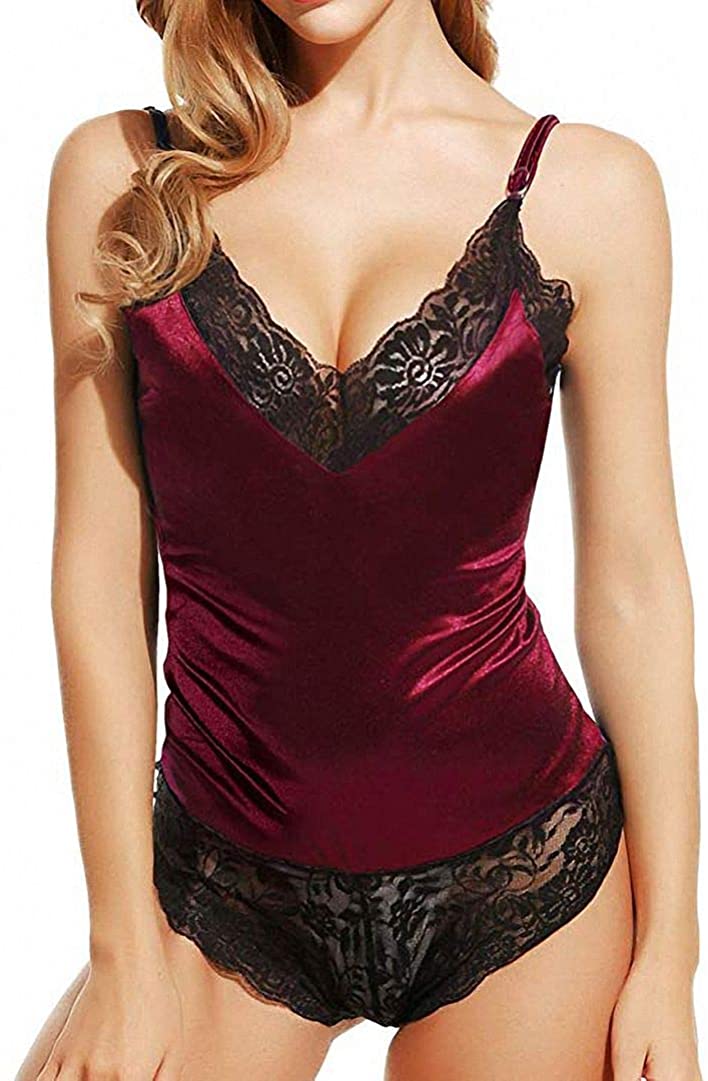 Price:$19.99 Satin Sexy Lingerie Bodysuit Deep-V Stretch Teddy One Piece Lace Babydoll Short Jumpsuit Pajamas (Wine Red, Large): Clothing, Shoes & Jewelry