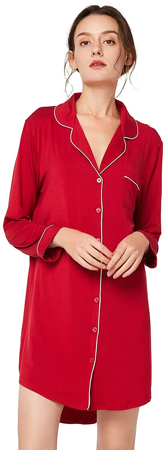 Price:$26.99 Women's Nightgown Button Down Nightshirt Long Sleeve Boyfriend Sleep Shirt Pajama Dress Sleepwear Wine S at Amazon Women’s Clothing store