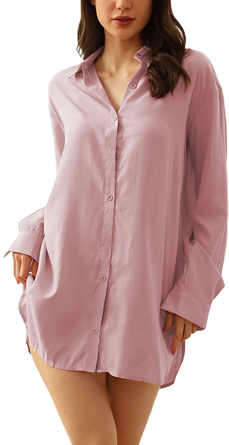 Price:$25.49 Boyfriend Button Shirt for Sleeping Notch Collar Nightgowns Soft Long Sleeve Sheer Sleep Shirts Cover Ups S-XXL at Amazon Women’s Clothing store