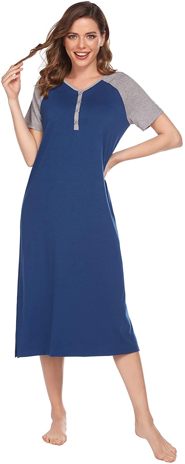 Price:$19.99 Long Short Sleeve Nightgown V Neck Sleepwear Women Button Down Nightshirt V Neck Sleepdress Baseball Soft Casual Full Length Pajamas Dress Navy Grey S at Amazon Women’s Clothing store