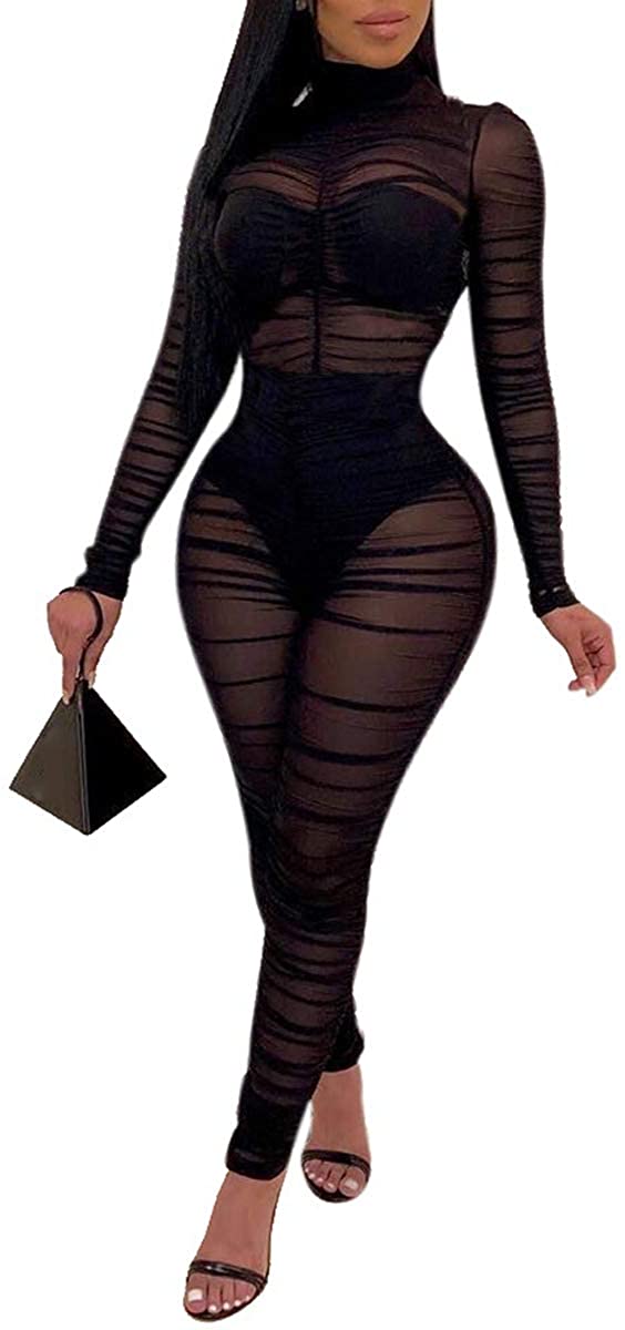 Price:$26.99 Clau Women One Piece Outfits Mesh Sheer Bodycon Jumpsuit Long Sleeve See Through Party Jumpsuits : Clothing, Shoes & Jewelry