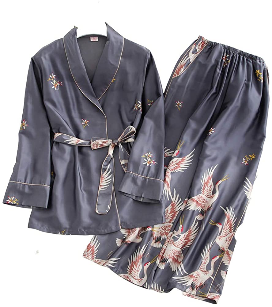 Price:$15.99 Women's 2pcs Satin Robes Sets Silk Flower Print Nightgown Thin Long Sleeve Night Robe Pants Sleepwear Bridesmaid Sets Blue : Clothing, Shoes & Jewelry