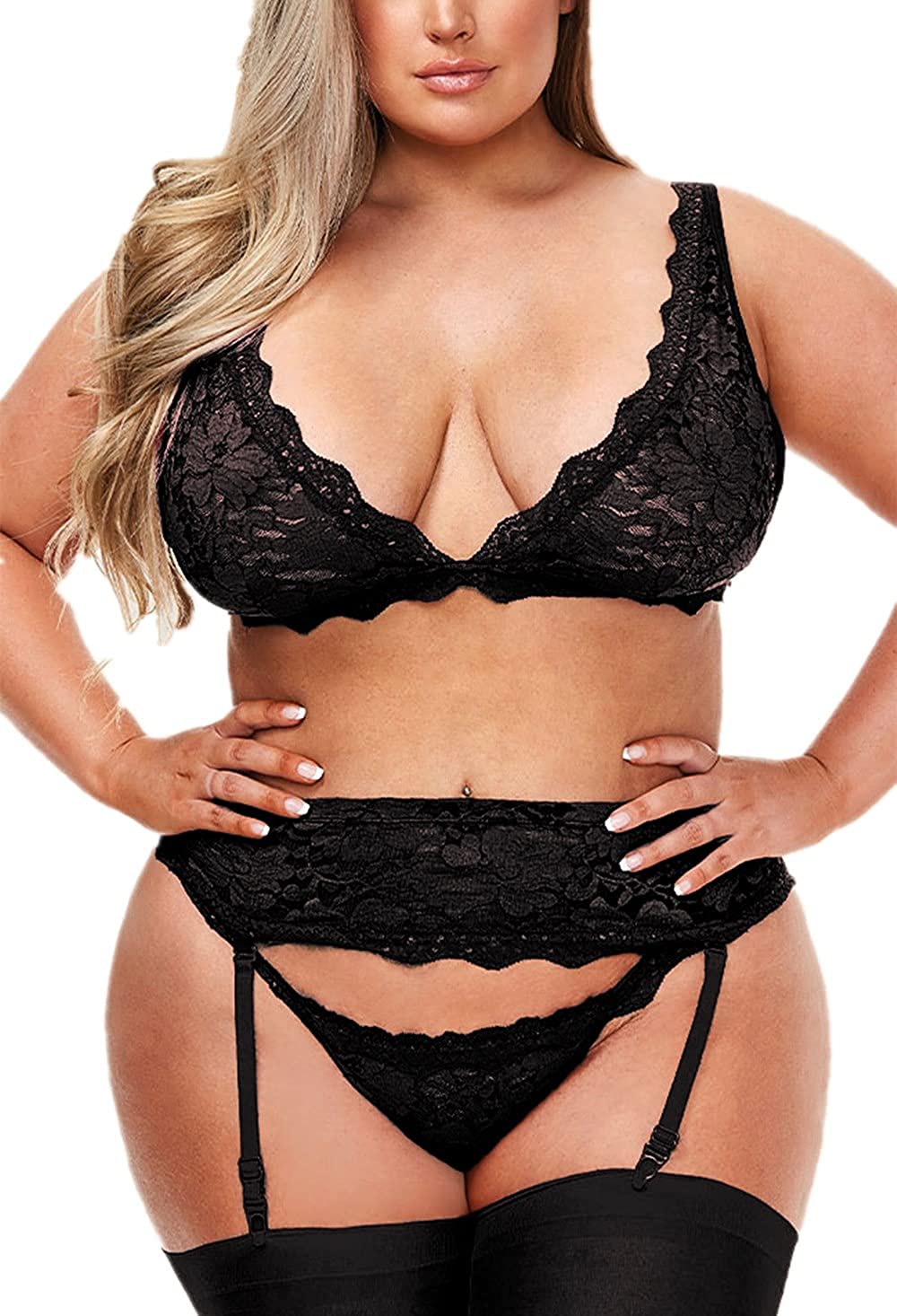Price:$16.88 Plus Size Lingerie 3 Piece Set, Black Floral Lace Bra and High Waist Garter Belt with Thong | Amazon.com