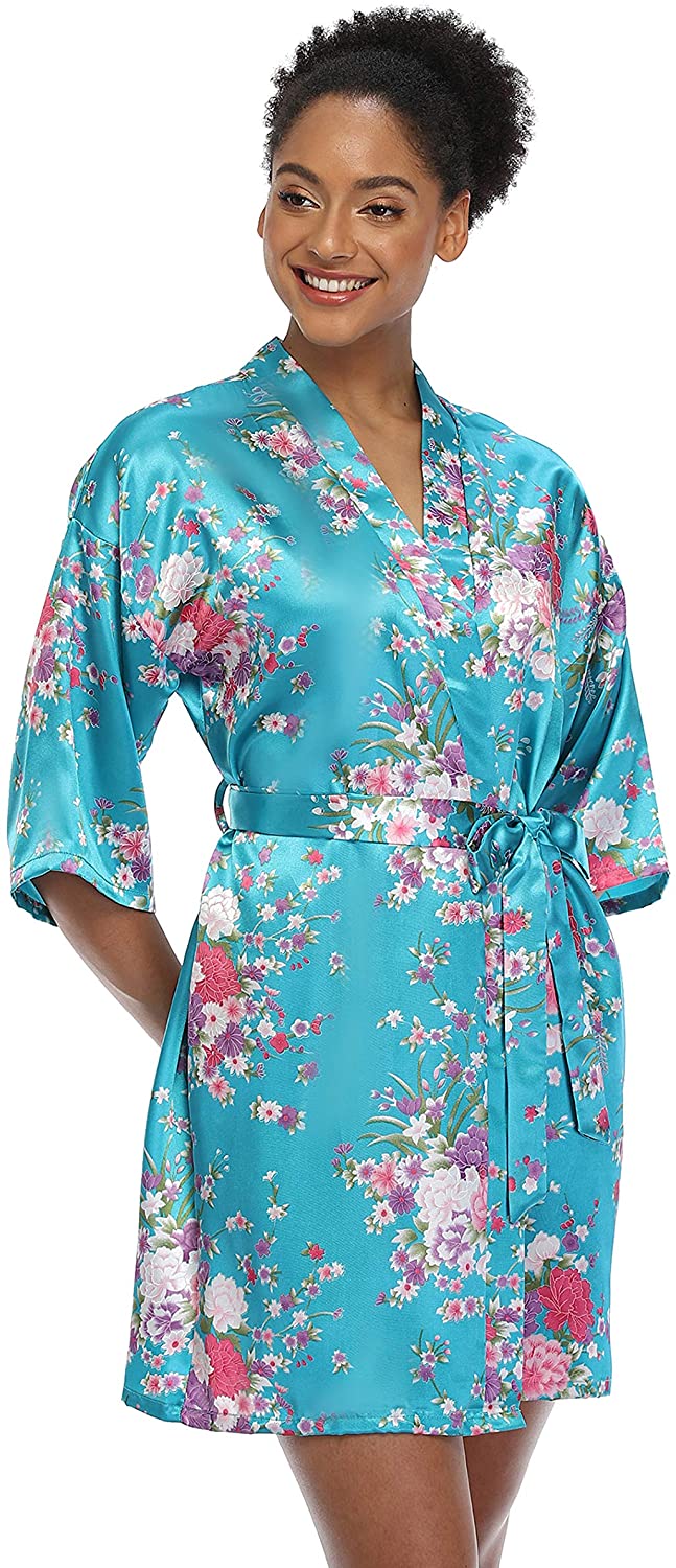 Price:$8.99 Women's Short Silk Floral Robe Kimono Bathrobe Light Satin Bridesmaid Pajamas for Wedding Party at Amazon Women’s Clothing store