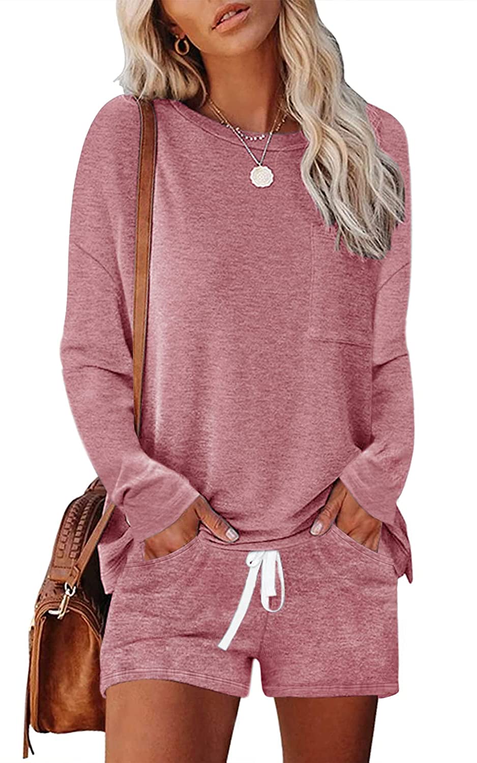 Price:$21.99 Women's Crew Neck Long Sleeve Pajamas Two-Piece Sleepwear Tops and Shorts Loungewear PJ Sets : Clothing, Shoes & Jewelry
