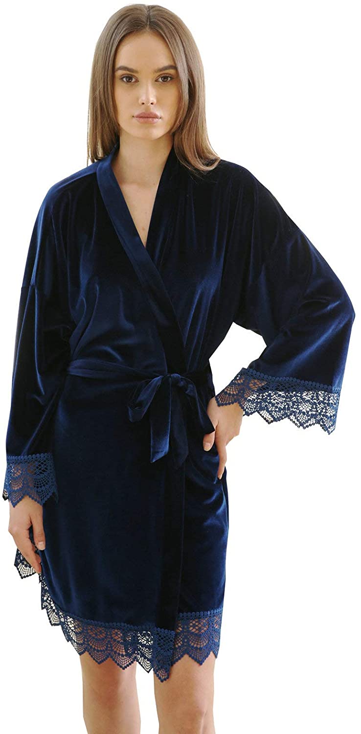 Price:$45.99 Women Velvet Robes, Soft Fuzzy Kimono Bathrobe for Women Bridal Wedding Sleepwear (navy, one size) at Amazon Women’s Clothing store